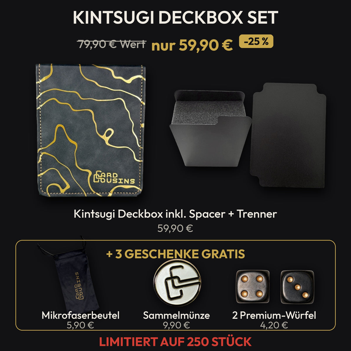 Kintsugi Deckbox Set Gold: Deckbox mit Spacer und Trennkarte, dazu Mikrofaserbeutel, Sammelmuenze und zwei Premium-Wuerfel gratis, 79,90 Euro Wert fuer 59,90 Euro